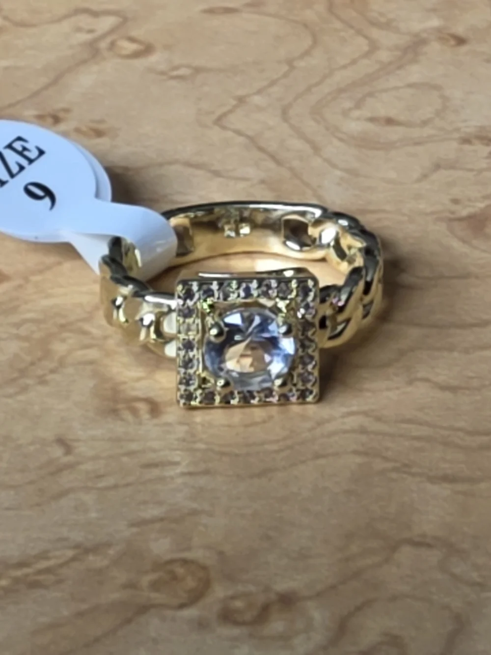 Source Unknown Gold-plated Over Brass Square Halo Ring with Clear Center Stone